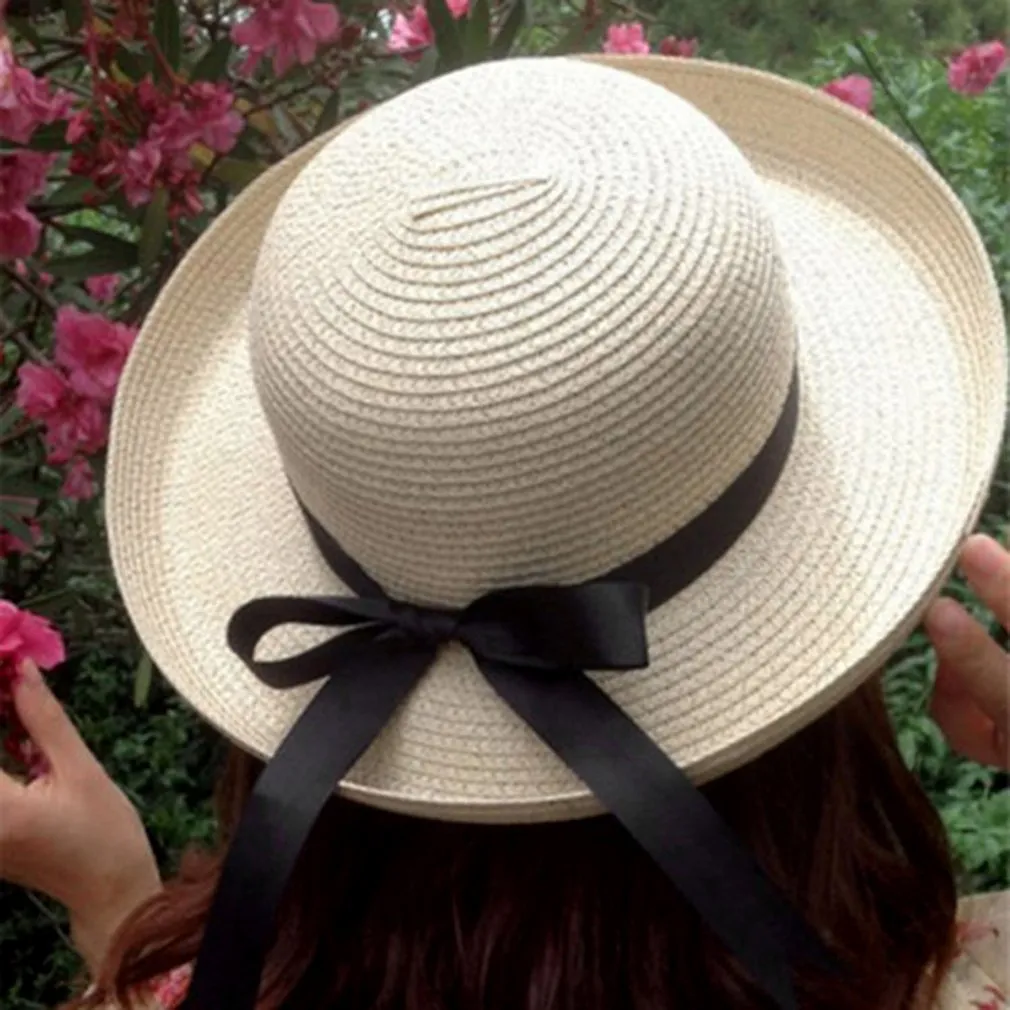 2018 Stylish Women Summer Sun Hat  Straw Bow Tie Beach Hat Fashion Vintage Cap UV Protection Lady Girls Caps