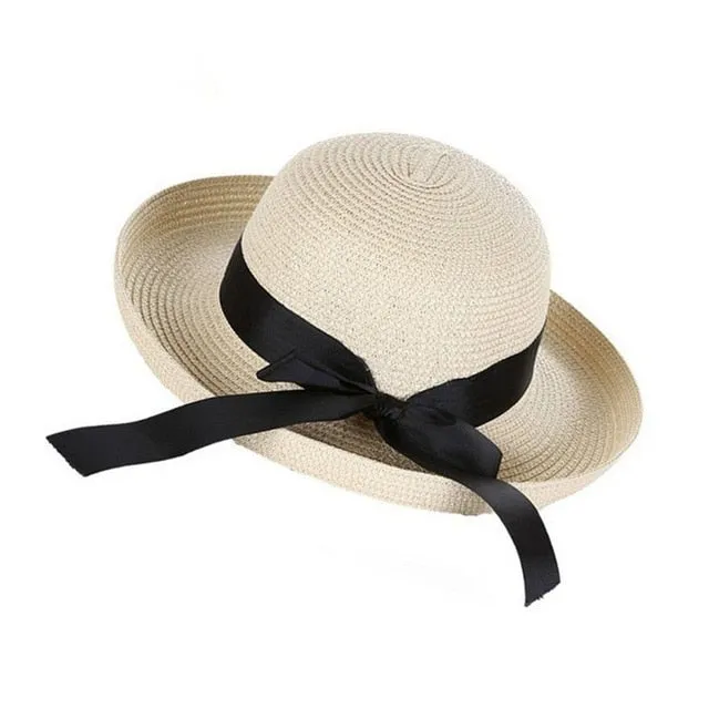 2018 Stylish Women Summer Sun Hat  Straw Bow Tie Beach Hat Fashion Vintage Cap UV Protection Lady Girls Caps