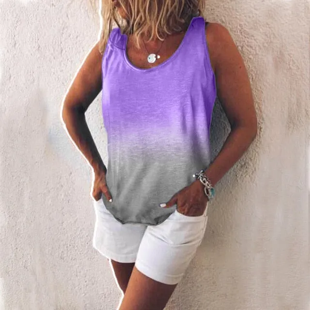 2019 Summer New Arrival woman Vest O-Neck Gradient Colour Print color Vest Loose Casual woman Vest Tops Plus size S-5XL
