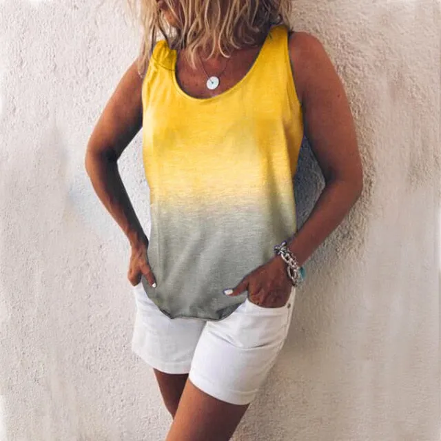 2019 Summer New Arrival woman Vest O-Neck Gradient Colour Print color Vest Loose Casual woman Vest Tops Plus size S-5XL