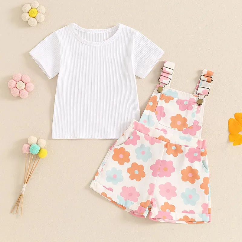 2Pcs Solid Color Ribbed Short Sleeve Clothing Set