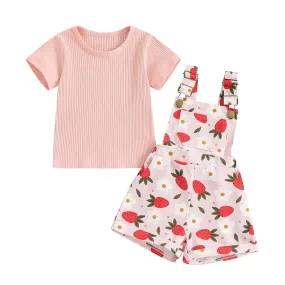 2Pcs Solid Color Ribbed Short Sleeve Clothing Set