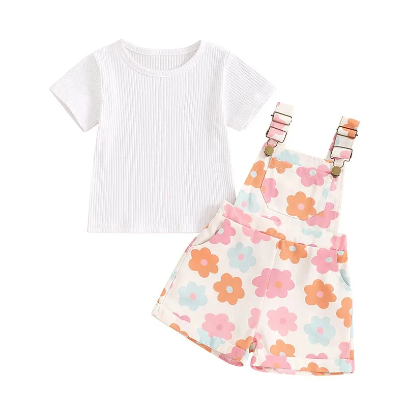 2Pcs Solid Color Ribbed Short Sleeve Clothing Set