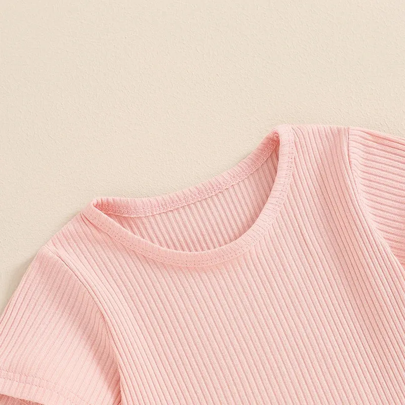 2Pcs Solid Color Ribbed Short Sleeve Clothing Set