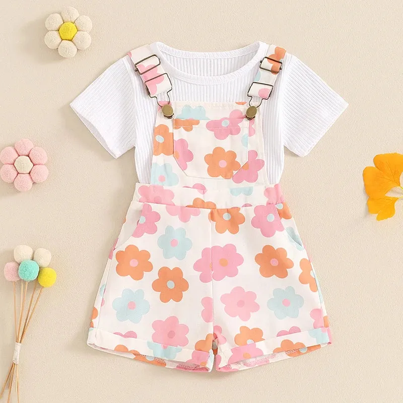 2Pcs Solid Color Ribbed Short Sleeve Clothing Set