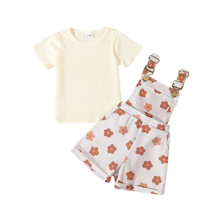 2Pcs Solid Color Ribbed Short Sleeve Clothing Set