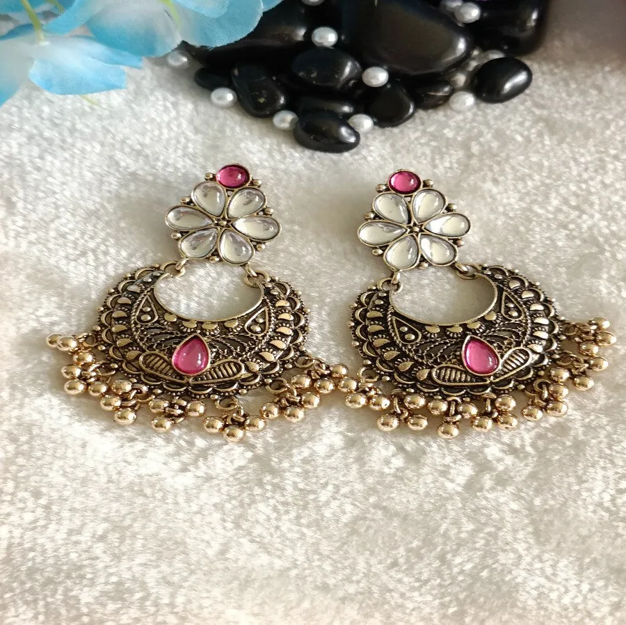 Antique Gold Plated Multi Colours Kundan Dangler Earring