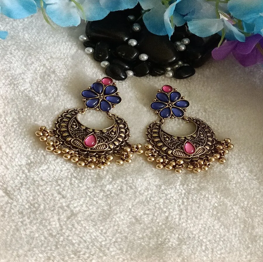Antique Gold Plated Multi Colours Kundan Dangler Earring