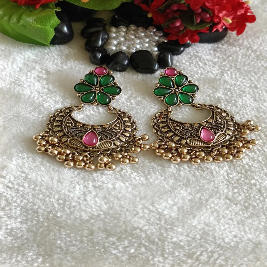 Antique Gold Plated Multi Colours Kundan Dangler Earring