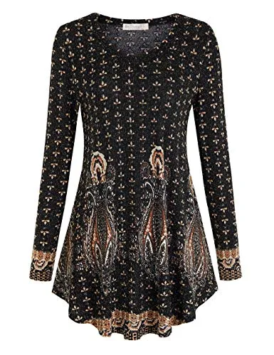 BAISHENGGT Women's Long Sleeve Tunic Tops for Leggings V-Neck Casual Blouse T-Shirt M Golden Gypsophila Paisley