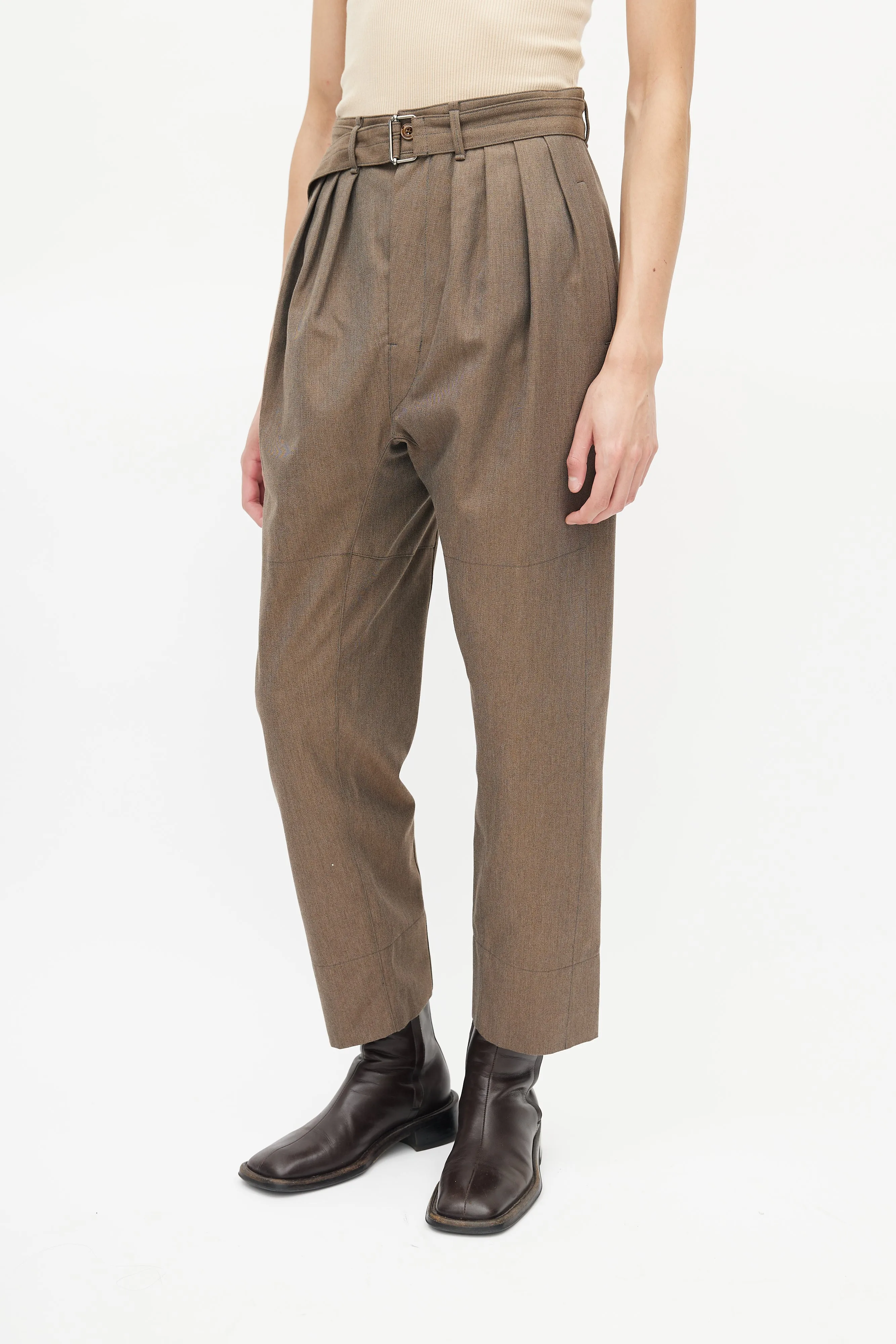 Beige Wool Belted Trouser