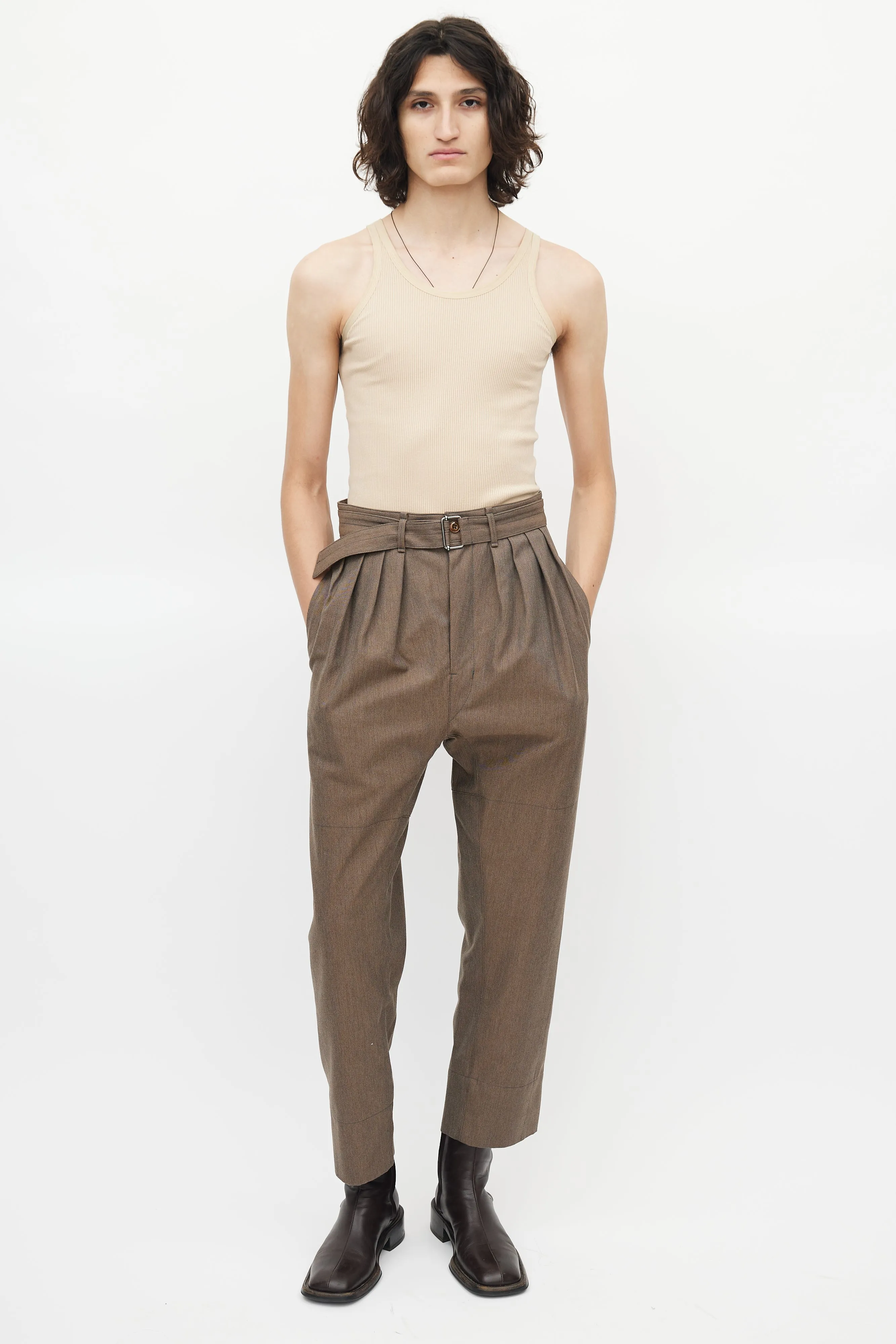 Beige Wool Belted Trouser