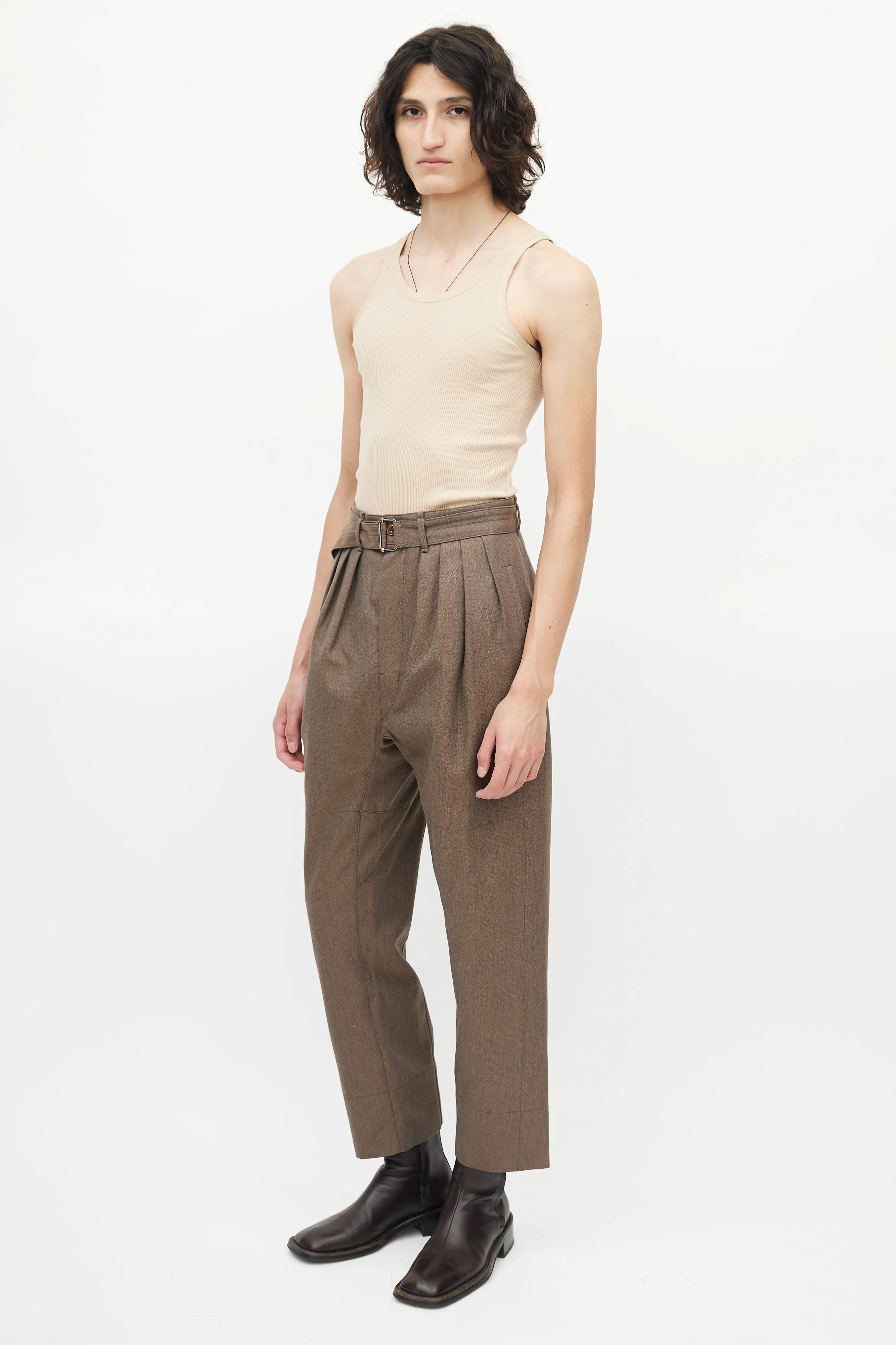 Beige Wool Belted Trouser
