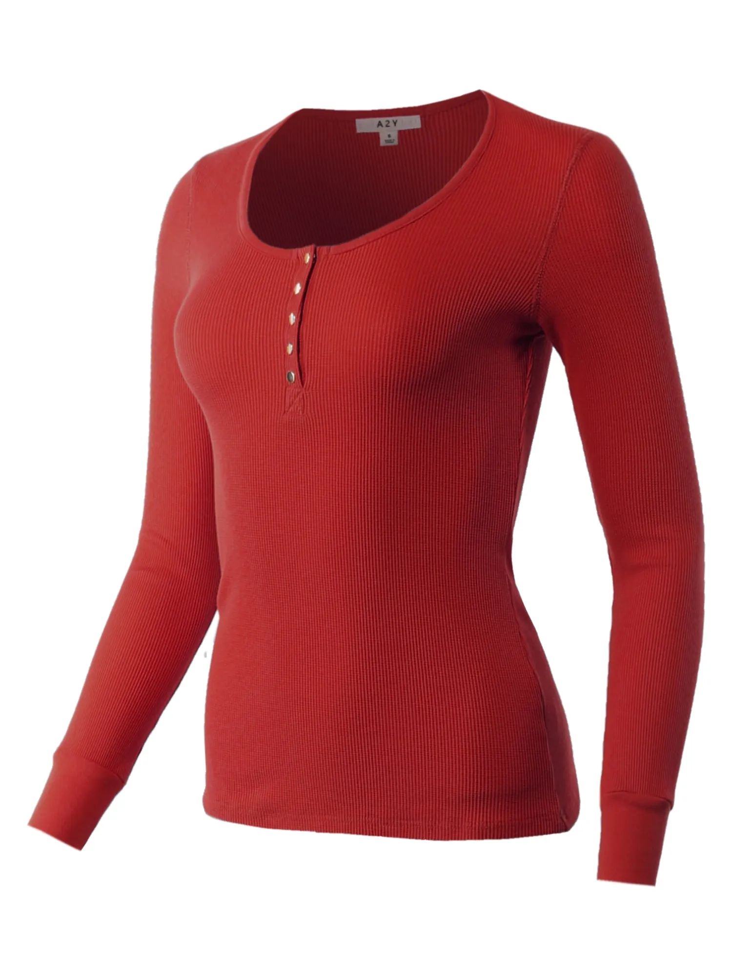 Fitted Snap Button Henley Crew Neck Long Sleeve Thermal Knit Tops