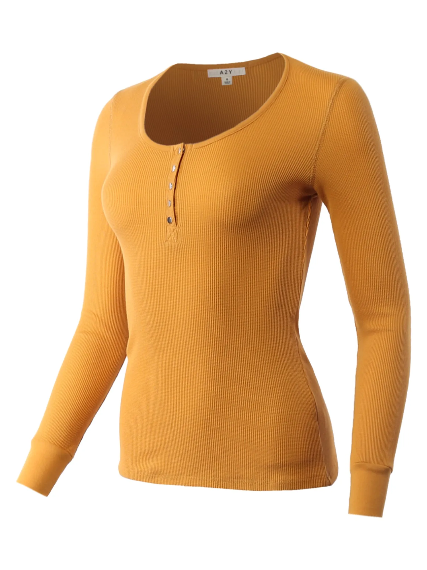 Fitted Snap Button Henley Crew Neck Long Sleeve Thermal Knit Tops
