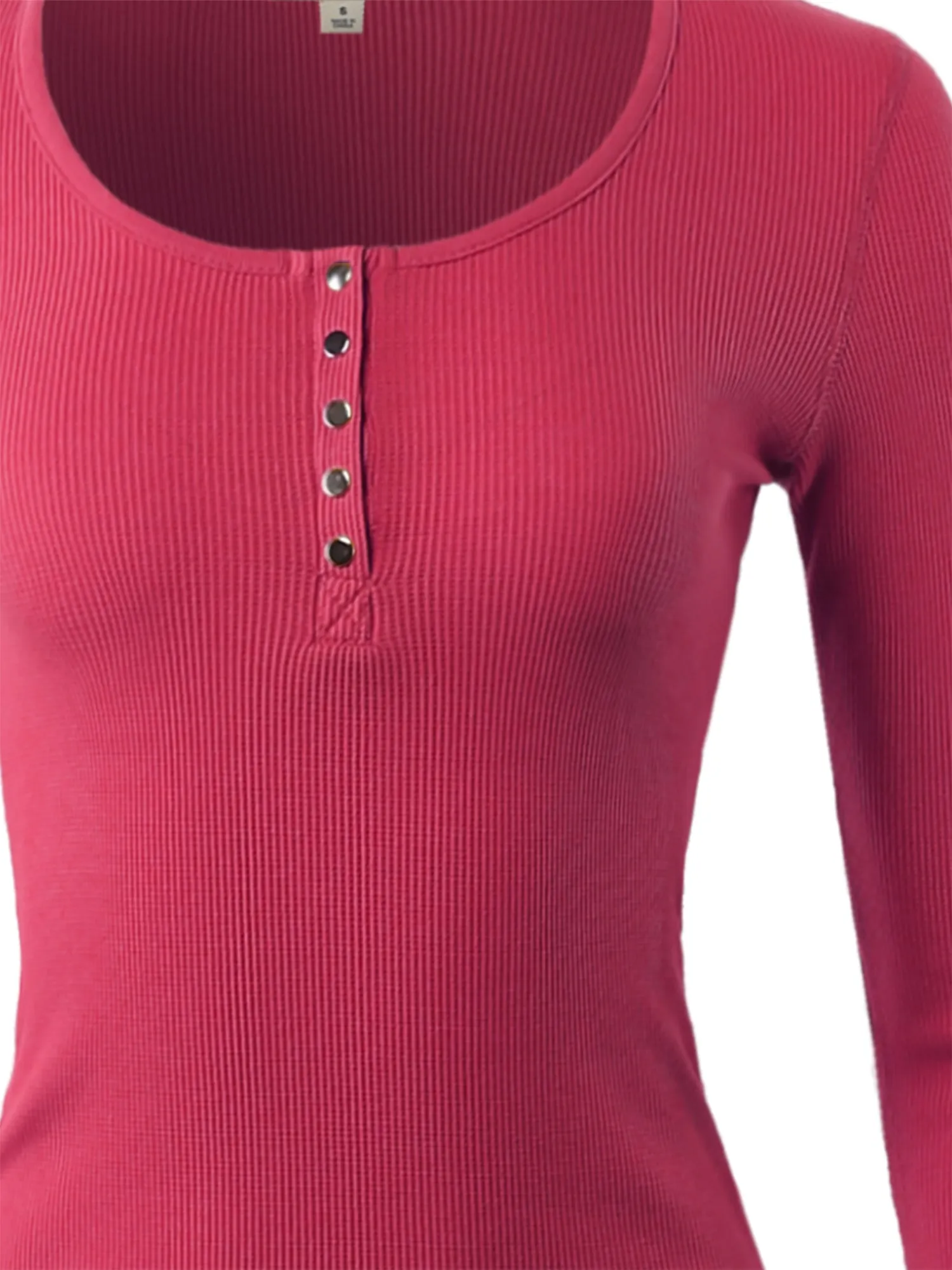 Fitted Snap Button Henley Crew Neck Long Sleeve Thermal Knit Tops