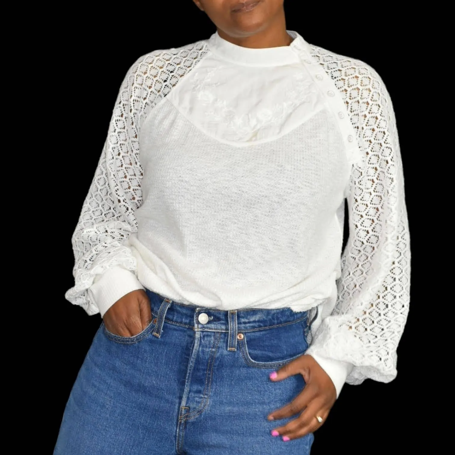 Free People White Top Sweetest Thing Lantern Sleeve Thermal Lace Size Medium