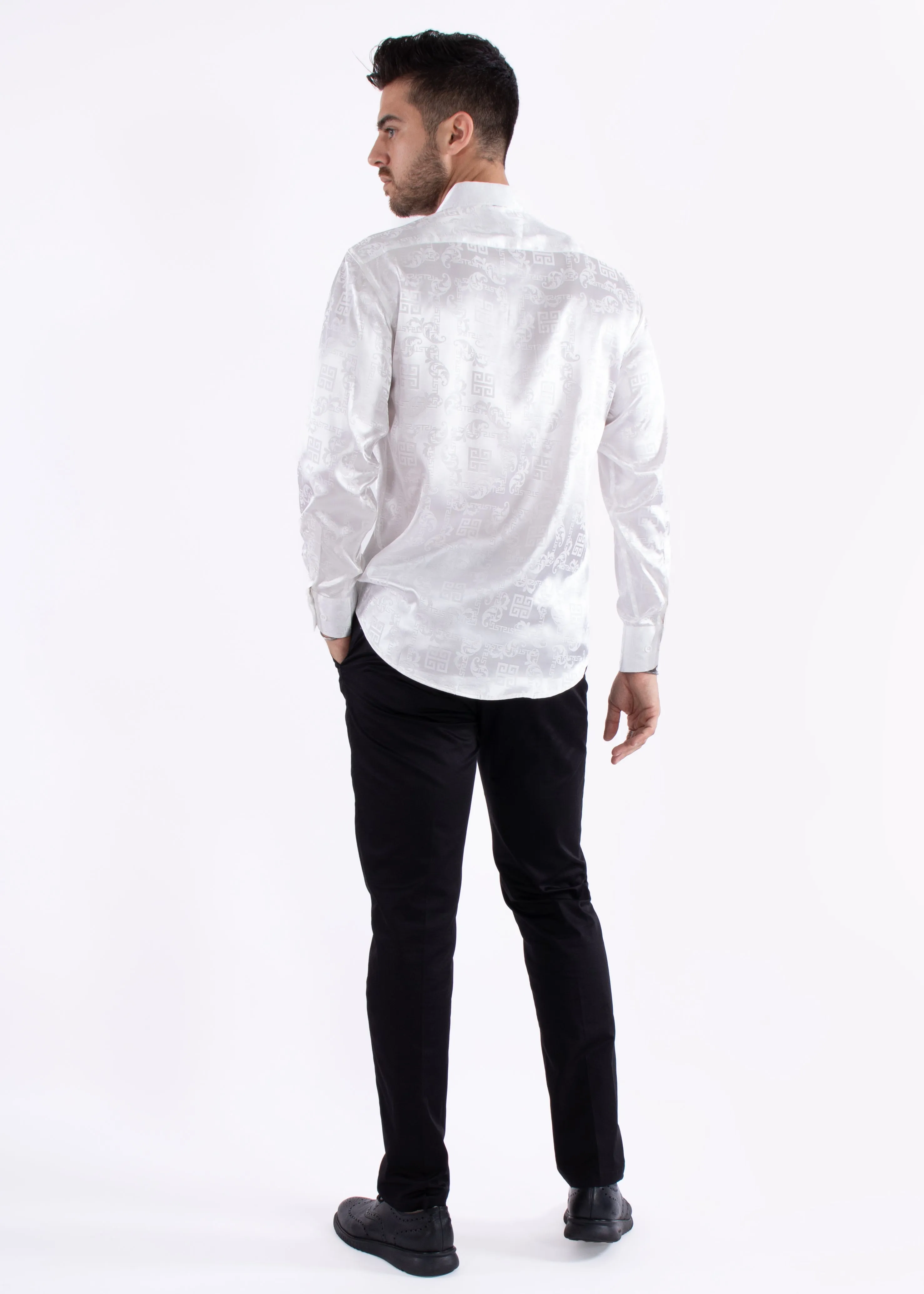 Greek Key Long Sleeve Dress Shirt White Shine