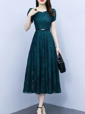 Green Women 2024 New Chiffon Vintage Casual Floral Dress Short Sleeve Black Elegant Beach Robe Chic Long Tunics Prom Dresses For
