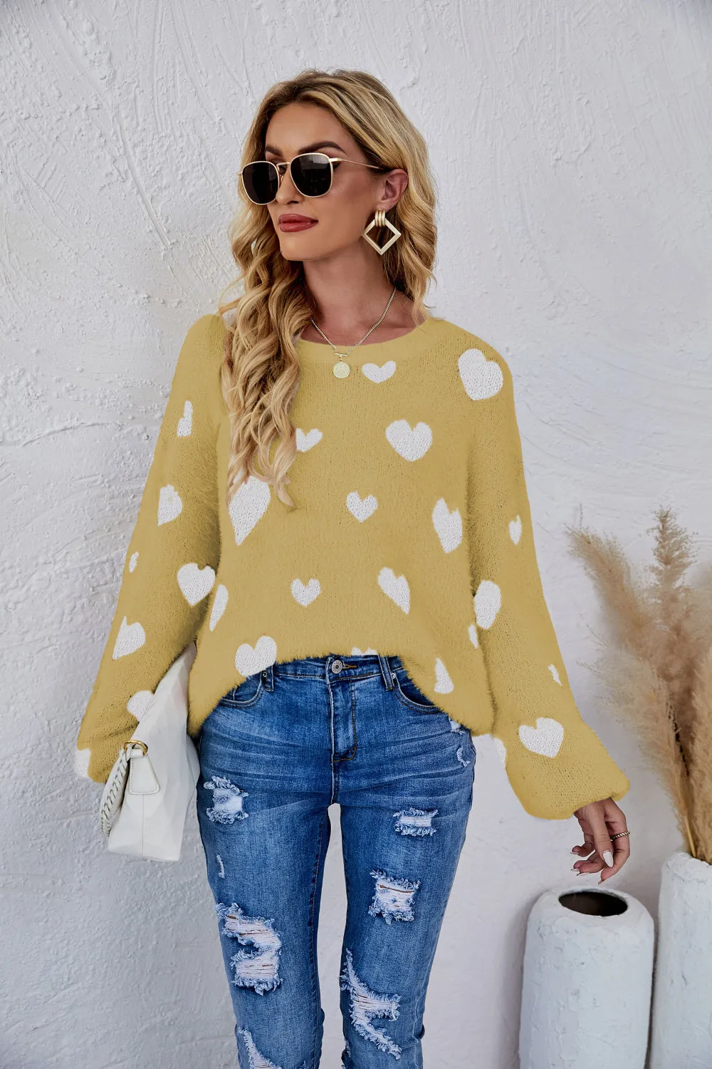Heart Print Fuzzy Crewneck Long Sleeve Sweater