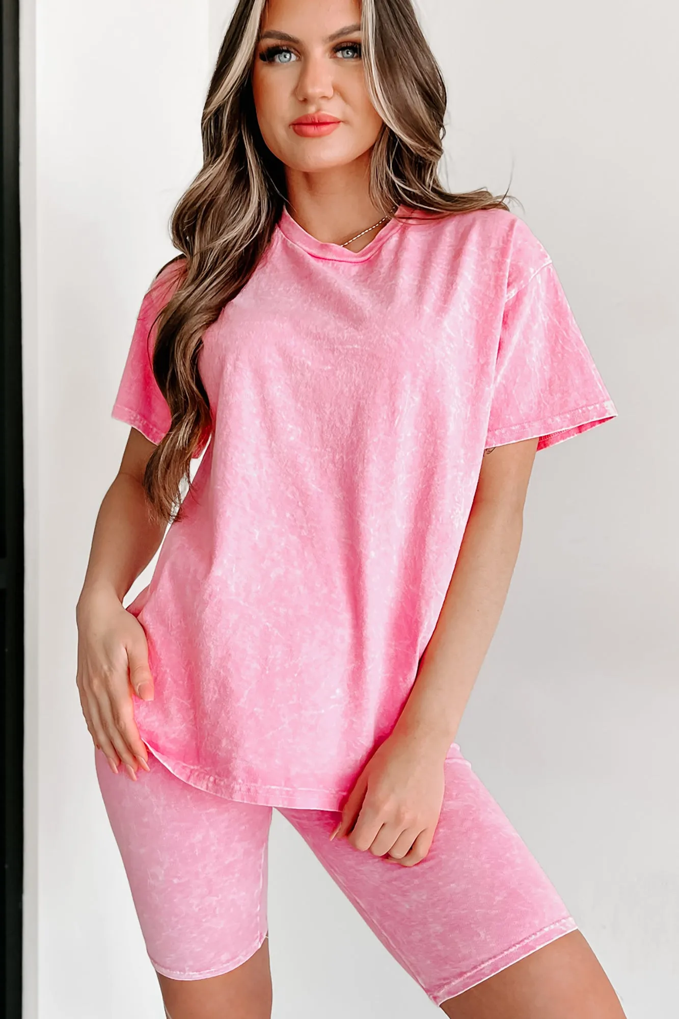 Just Rolling With It Two Piece Biker Short Set (Pink)