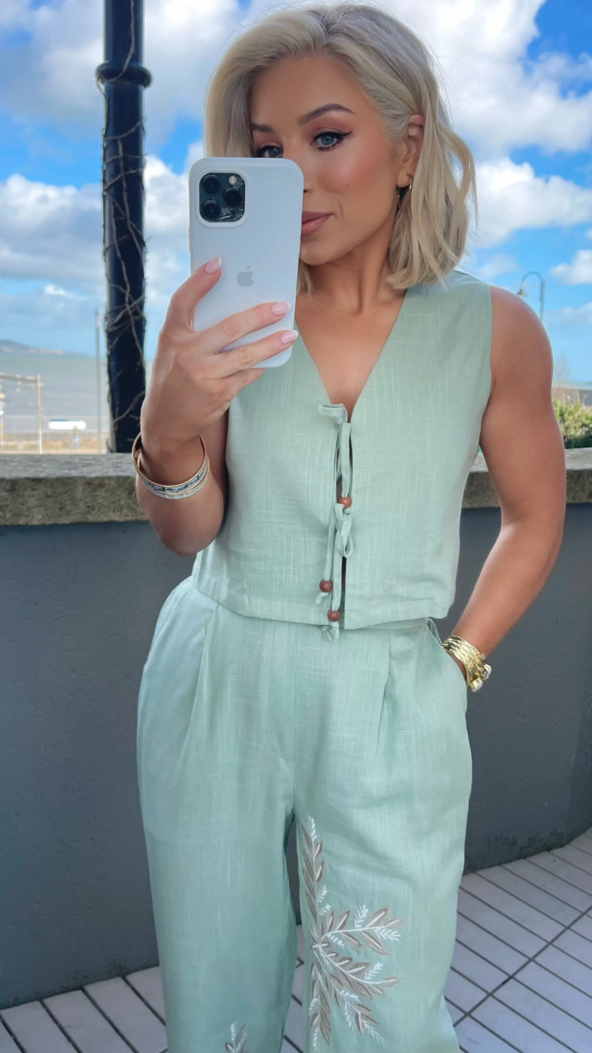KIRA LINEN BLEND TOP & PANT SET - SAGE GREEN