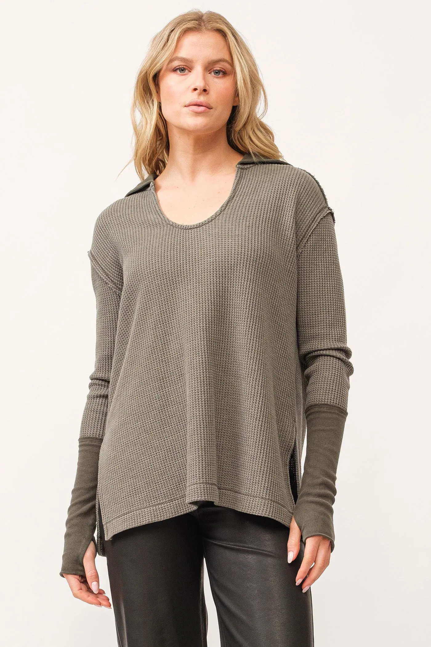 TANYA V-NECK OVERSIZED LONG SLEEVE TOP DARK OLIVE