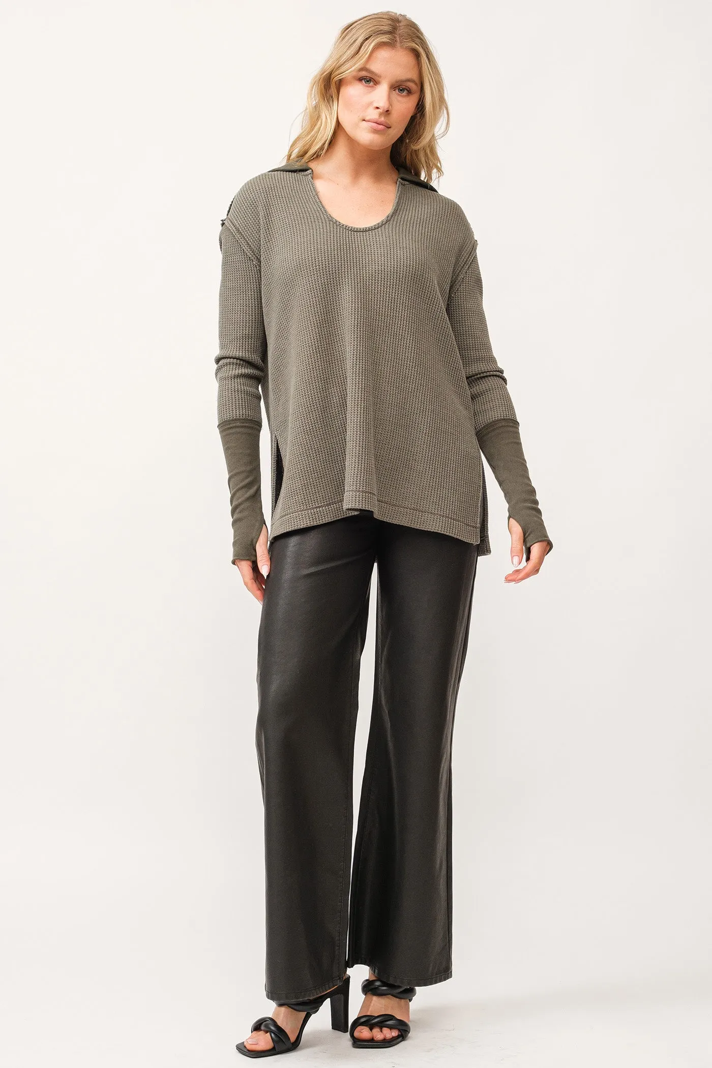 TANYA V-NECK OVERSIZED LONG SLEEVE TOP DARK OLIVE