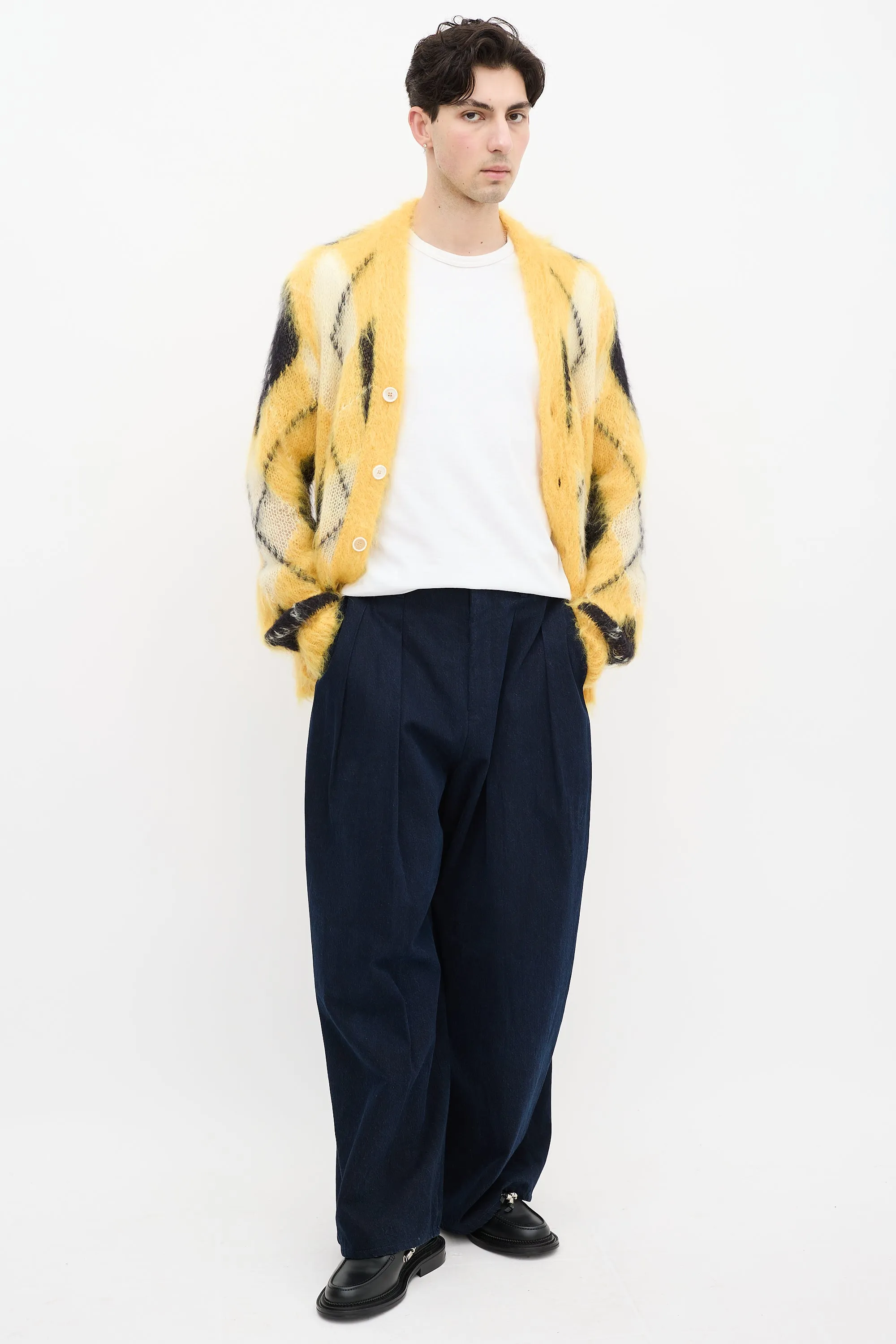 Yellow & Black Mohair Fuzzy Wuzzy Argyle Cardigan